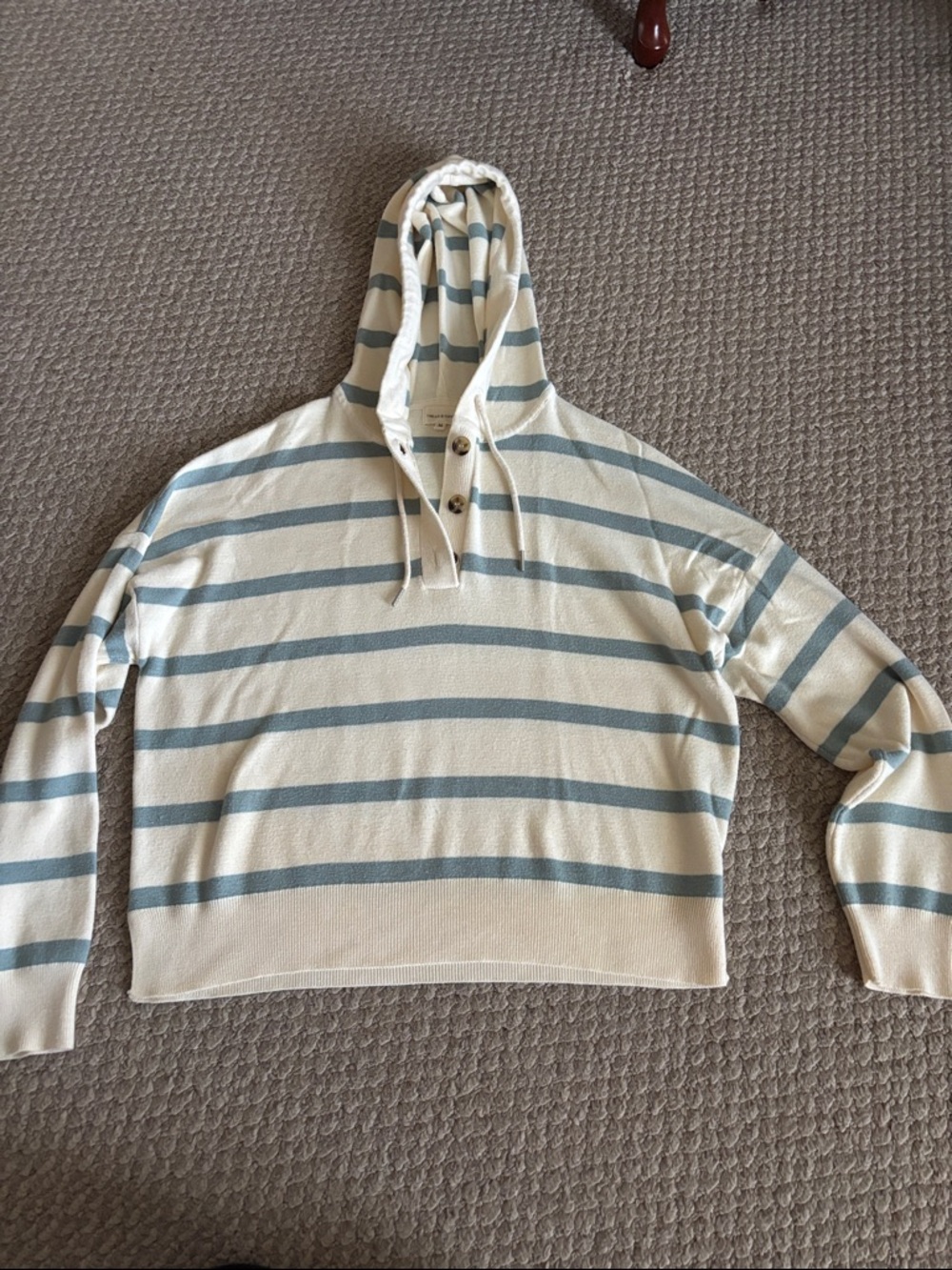 Thread & Supply Cream Hooded Pullover with Blue Stripes